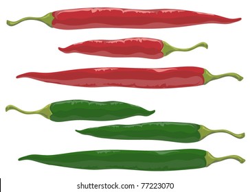 Red and green hot and spicy chilli peppers . Vector.