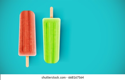 Red and green ice creams on blue background, vector illustration