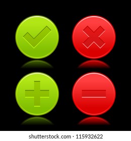 Red and green icon with check mark, delete, plus and minus signs. Satin validation web buttons with color reflection on black background. Vector illustration clip-art design elements saved in 8 eps