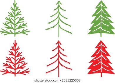 Red and green icon set of christmas xmas tree ornament decoration decor. icons, flat vector illustrations. Isolated on white, transparent background