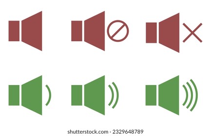 Red and green icons of volume. Audio, video, sound speaker. Vector icons set. Volume control buttons	