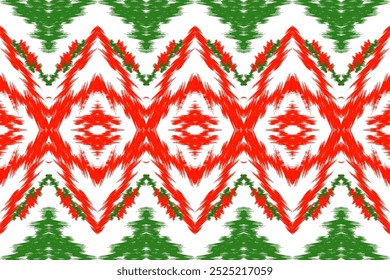 Red and Green Ikat Geometric Pattern: Bold Seamless Design for Festive Fashion, Vibrant Home Decor, and Ethnic-Inspired Interiors