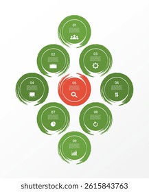 Red and green infographic template with 9 steps, options, parts or processes. Presentation of teamwork or business processes.