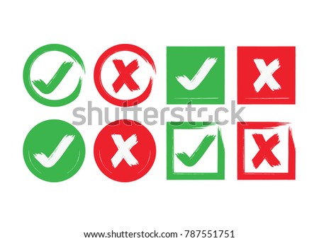 Red and green ink abstract circle and square brushed check mark and crossed X mark boxes icons set on white background