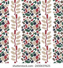 Red with green leaves and mosaic stripe patterns on white background, illustrations, vector aesthetic for wallpaper, wall decor, templates covers, art prints .