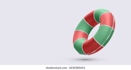 Red And Green Lifebuoy Ring With White Ropes Floating On Light Background, Minimal 3D Style Symbolizing Safety, Rescue, Or Summer Travel Concept. Perfect For Vacation Themes. Vector Illustration.