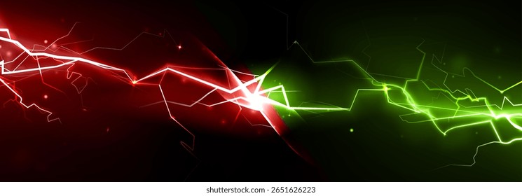 Red and green lightning bolts clash - electric energy collision with bright spark at center, glowing thunder effect. Versus battle scene with powerful electrical discharge, neon light streams.