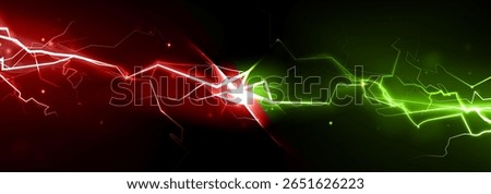 Red and green lightning bolts clash - electric energy collision with bright spark at center, glowing thunder effect. Versus battle scene with powerful electrical discharge, neon light streams.