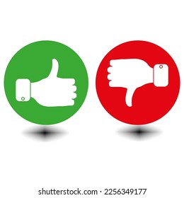 Red and green like and dislike buttons. Symbols of approval and disapproval. Positive and negative. Vector illustration.