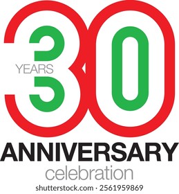 The red and green lines number 30 and the word anniversary celebration are at the bottom.