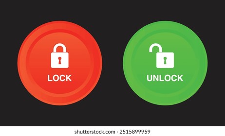 Red and Green Lock and Unlock Icons: Open and Closed Padlock Button Set. Security Vector Illustrations