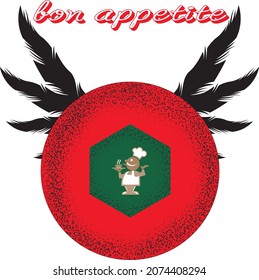red and green logo with chef, wings and lettering