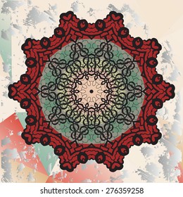 Red and green Mandala on triangles background. Perfect for any kind of design, kaleidoscope, medallion, karma, yoga, indian, arabic lace over pink triangles background