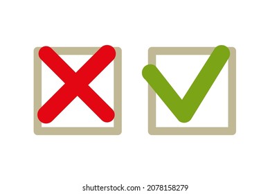 Red and Green mark in boxes. Vector illustration. Flat