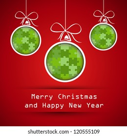 red green merry christmas puzzle balls. christmas card.