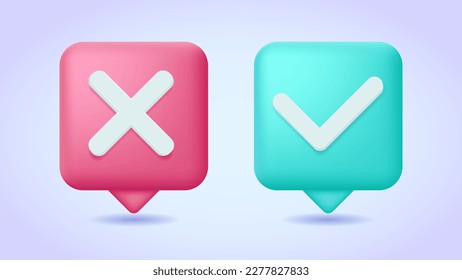 Red and green message bubble with cross and tick marks. Accept, decline icons, access denied and allowed, verification concept. 3d vector icon set for web site, banner, landing page, print. 