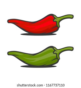 Red And Green Mexican Jalapeno Hot Chili Peppers Icons Set. Vector