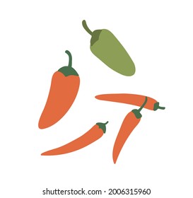 Red and green Mexican jalapeno and hot chili peppers. Whole hot spicy vegetables. Chilli veggies composition. Flat vector illustration of natural organic spice isolated on white background