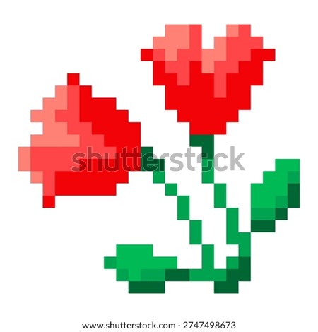 Red And Green Minimalist Pixel Art Flower, Plant And Bloom Flowers Icon. Flat Game Sprite.