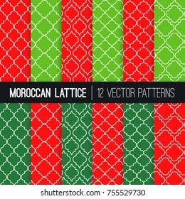Red and Green Moroccan Lattice Vector Patterns. Modern Elegant Christmas Backgrounds. Classic Quatrefoil Trellis Ornament. Vector Pattern Tile Swatches Included.
