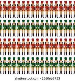 Red and Green Nutcracker Soldiers Seamless Pattern. Vector Illustration of Merry Christmas and Happy New Year Holiday Background. Flat Style.