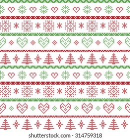 Red and green on the white background Nordic Christmas pattern with snowflakes and forest Xmas trees decorative ornaments in Scandinavian knitting pattern 
