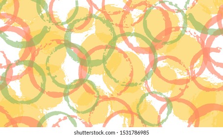 Red green orange brush stroke circles overlapping white background grunge seamless pattern vector design. Childish background in baby colors for shower party. Rings and circles seamless pattern.