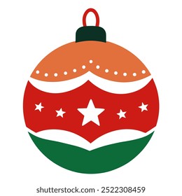 A red, green, and orange ornament with a star and a green ribbon. The ornament is a Christmas decoration
