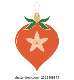 A red and green ornament with a flower and star on it. The flower is pink and the star is white