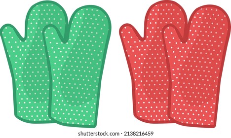 Red and green oven mittens, illustration, vector on a white background.