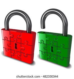 Red and green  padlock made of puzzle