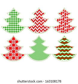 Red and green patterned Christmas trees on white collection, vector