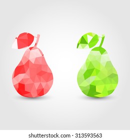 Red and Green Pear polygon icon in modern style with shadow and gray background. Bright geometric symbol of pear and fruit.