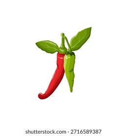 A red and green pepper is shown with a leaf on top. The pepper is on a white background