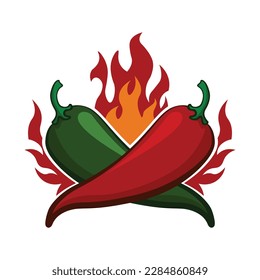 Red and Green Peppers on a flame background - vector logo icon