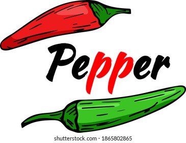 Red and green peppers, vector. Illustration with lettering.