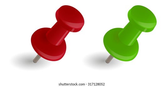 red and green pin needles with shadow on white background