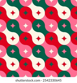 Red, green and pink geometric elements seamless pattern design for christmas and new year holidays.