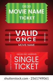 Red , Green and pink Vintage Movie Tickets – Retro-Inspired Cinema and Event Ticket Vector Design Elements for Graphic Design, Posters, Backgrounds, and Nostalgic Themes