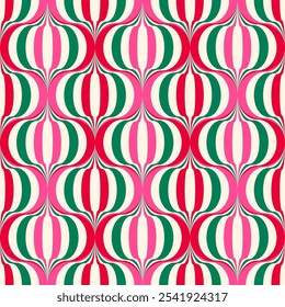 Red, green and pink wave elements seamless pattern design for Christmas holidays background.