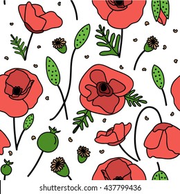 Red and green poppy flower seamless pattern