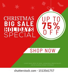 Red and green poster or template design with 75% discount offer for Christmas Big Sale Holiday Special.