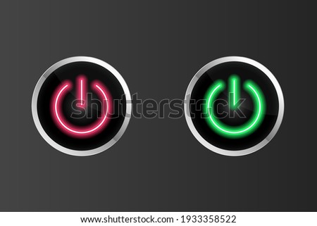 Red and green power button neon effect color vector illustration, realistic on off button icon.