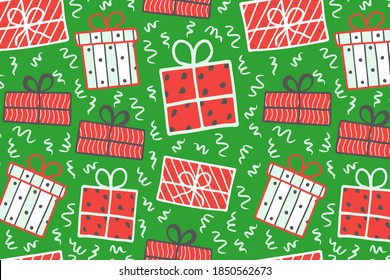 Red and green present box seamless pattern with confetti for birthday party, christmas eve, holiday. Eps10 vector pattern for wrapping paper, greeting card, invitation