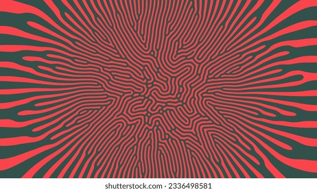 Red Green Psychedelic Acid Trip Vector Unusual Creative Abstract Background. Radial Crazy Structure Bizarre Mesmerize Abstraction Wide Wallpaper. Mushroom Hallucination Effect Trippy Art Illustration