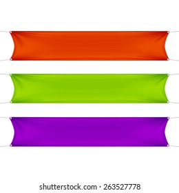 Red, Green and Purple Blank Empty Horizontal Rectangular Banners Set with Corners Ropes. Textile, Fabric or Nylon with Folds. Vector Illustration Isolated on Background. Ready Template for Your Design