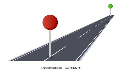 Red and green push pins marking the starting point and destination along a long road, representing the excitement of planning a road trip or journey filled with adventure