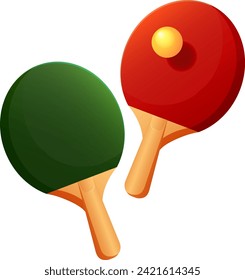 Red and green racket and ping pong ball. Table tennis equipment. Vector illustration.
