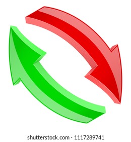Red and green refresh arrows. 3d shiny signs in circular motion. Vector illustration isolated on white background
