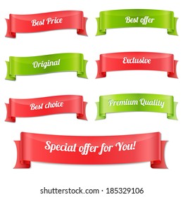 Red and Green Ribbons Set, Isolated On White Background / Vector Illustration